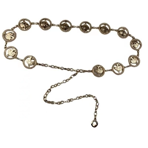 Golden metal chain belt for women featuring decorative horse head links on white background