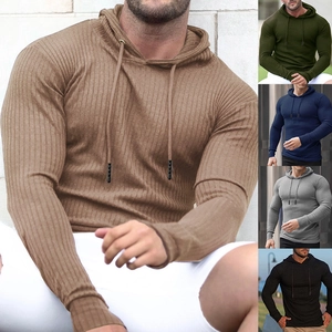 Detail of ribbed knit texture on men's slim fit long sleeve hoodie in multiple colors