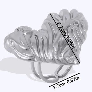 Detail view of heart-shaped stainless steel ring with dimensions and adjustable band