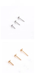 Flat base stainless steel T-shape pins shown in gold and silver finish on white background