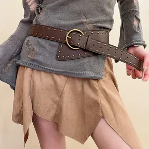 Vintage brown leather belt with gold studs and round buckle for bohemian styling