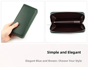 Detail view of leather long wallet showing multi-card slots and zippered coin pouch