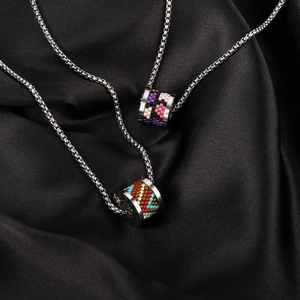 Titanium steel necklaces with Roman numeral cylinders and colorful beads on silk