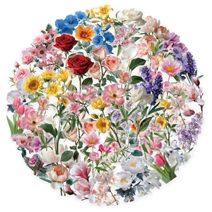 Circular collage of romantic PET flower stickers with roses sunflowers and tulips