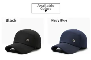 Detail of winter baseball caps with metal R logo in black and navy blue options