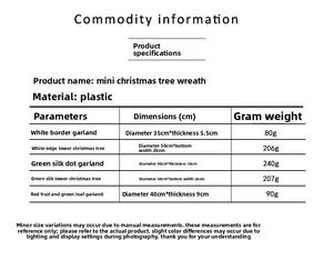 Detailed size specifications for Christmas wreaths and tower trees showing product dimensions