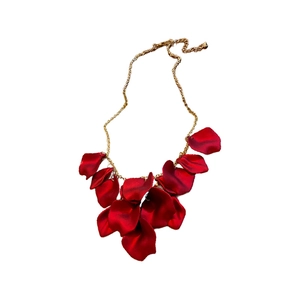 Elegant red petal tassel necklace with gold chain, luxury style on white background