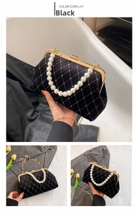 Detail of black velvet shell bag with rhinestone grid pattern and pearl handle