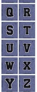 Size chart for chenille letter patches Q-Z with dimensions and weight on denim background