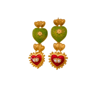Vintage Baroque multi-layer heart earrings with green and red enamel and pearls