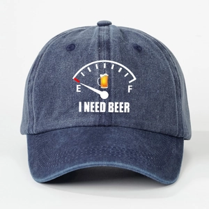 Navy blue washed denim baseball cap featuring an I NEED BEER fuel gauge graphic