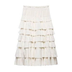 Elegante Gestreifte Rüschen Midi Rock Satin Hohe Taille Elastische Kuchen Stil Elfenbein Lange Unterteile Für Damen