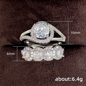 Silver geometric engagement ring set with halo round zircon and crystal band