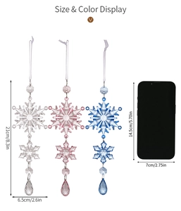 Size and color display of acrylic snowflake pendants with dimensions and phone reference