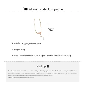 Detailed size chart showing copper gold chain with pink flower and imitation pearl pendant