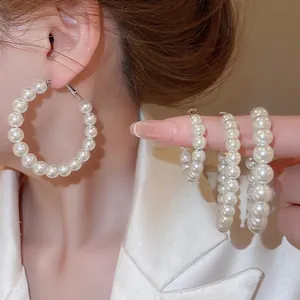 Elegant Beaded Artificial Pearl Hoop Earrings With Silver Earring Post Geometric Round French Retro Jewelry For Women