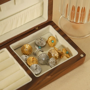 Vintage Round Sunburst Titanium Steel Stud Earrings With Turquoise Faux Artificial Pearl Inlay Retro Fashion Jewelry For Women