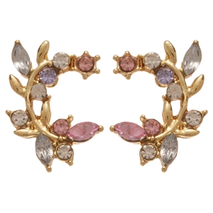 French vintage gold leaf stud earrings with sparkling pink and purple crystals