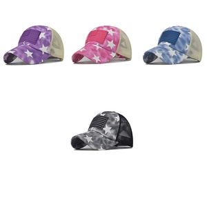 Washed cotton ponytail baseball caps with star patch and mesh back in four colors