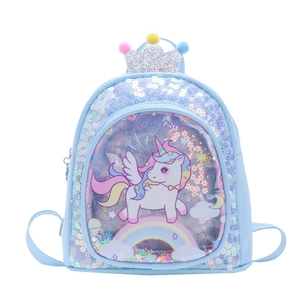 Blue unicorn sequin backpack for kids featuring a crown detail and transparent front window