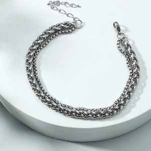 Men Double Layer Stainless Steel Bracelet Wheat And Box Chain Geometric Polished Adjustable Jewelry Hip Hop Style