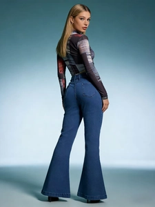 Rear view of high waist flare jeans showcasing the lifting effect and slim fit design