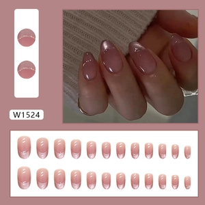 Pink cat eye press on nails with French gradient tips, 24 pieces set in size W1524