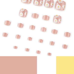 White French daisy toenail press-ons in natural nude pink with glossy finish