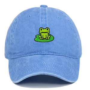 Frog Lotus Leaf Embroidery Washed Cotton Baseball Cap Vintage Adjustable Casual Outdoor Peaked Hat For Men Women