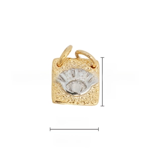 Detail of 18k gold plated square pendant with evil eye motif measuring 9.1mm x 9.2mm