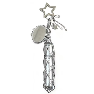 Silver metal mesh lipstick holder keychain with mini mirror and star bow charms