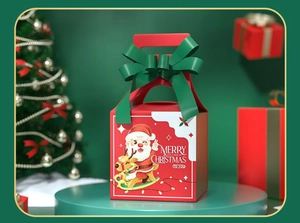 Christmas gift box with ribbon featuring Santa and reindeer illustrations on green stand