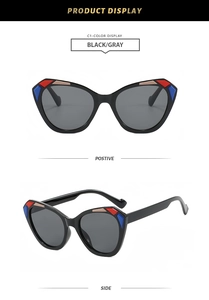 Detail view of cat eye sunglasses with color block frame and gray lenses from two angles