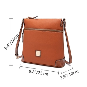 Brown pebble leather crossbody bag dimensions 25x24x10cm with metallic plaque detail