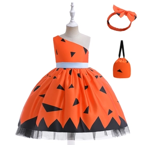 Three-piece girls orange Halloween pumpkin dress set with headband and drawstring bag