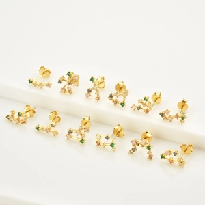 Detailed display of S925 silver gold-plated stud earrings with colorful zircon stones