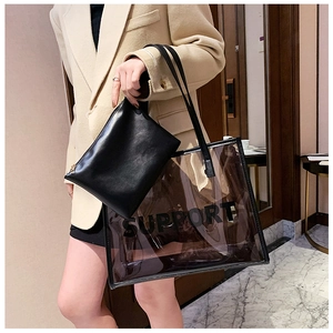 Detailed shot of transparent PVC tote bag with black inner pouch and Support text