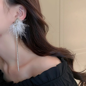 Close-up of long tassel earrings with white feathers and shimmering rhinestone chains