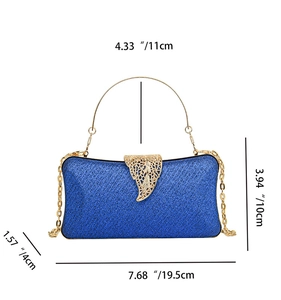 Blue glitter evening clutch with gold leaf clasp and detailed product dimension annotations