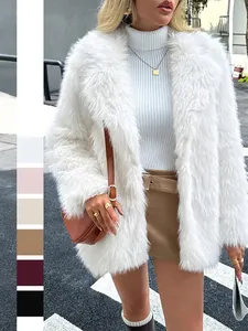 Elegant white faux fur mid-length coat for women styled with street fashion accessories