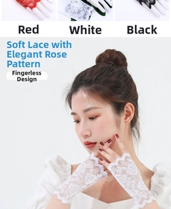 Detailed lace fingerless gloves in red, white, and black with elegant rose floral pattern