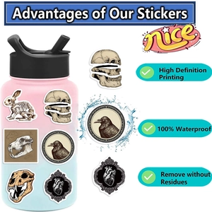 Waterproof gothic stickers featuring skull and crow patterns on a gradient water bottle