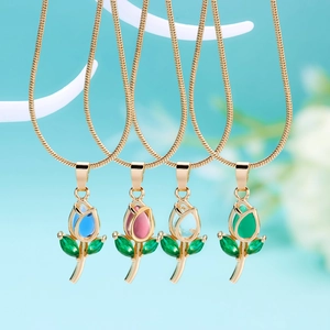 Elegant gold tulip necklaces with colorful crystal flower pendants on snake chains