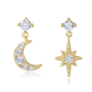 Elegant asymmetrical gold star and moon stud earrings featuring sparkling zircon stones