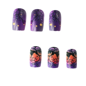 Long square Halloween press-on nails featuring purple forest, pumpkin, and ghost designs