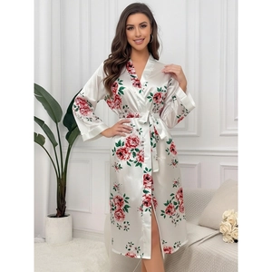 Elegant white floral satin robe for women with large rose print and adjustable belt