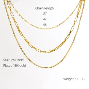 Detail view of 18K gold plated stainless steel layered necklaces with chain length specs