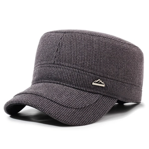 Men's dark grey corduroy flat top hat with premium metal mountain emblem