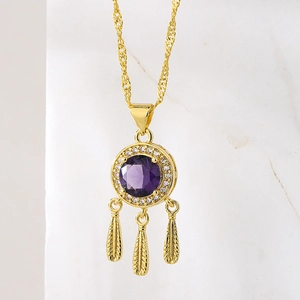 18K gold plated necklace with purple zircon round pendant and three feather charms