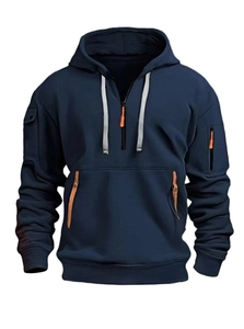 Detail of navy blue hoodie with orange zipper accent on sleeve and durable knit fabric